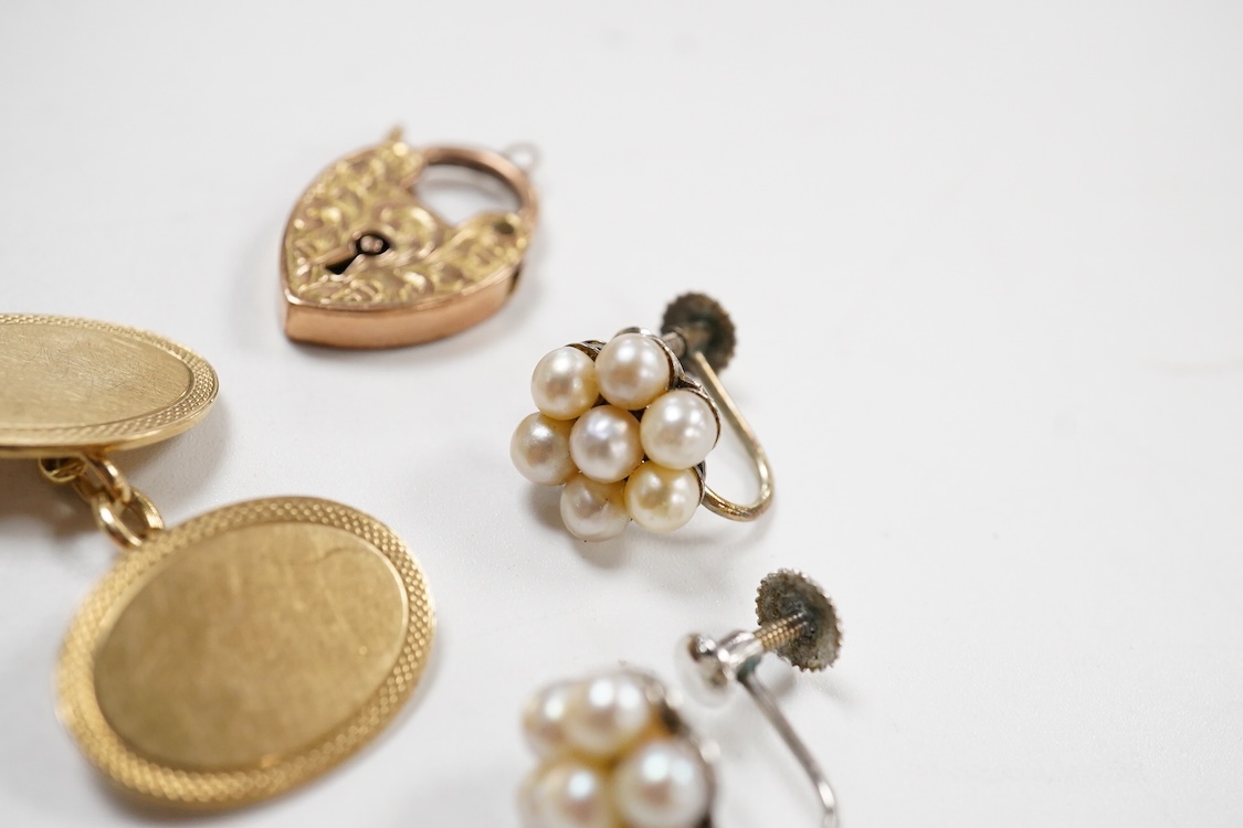 A collection of gold jewels, comprising: a pair of cufflinks by Alabaster & Wilson, mounted in gold, stamped 9ct, combined gross weight approximately 9 grams; together with a Victorian gold heart-shaped padlock clasp wit